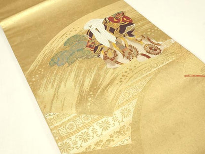 平和屋着物▼太鼓柄袋帯　塗金引箔　鏡獅子　正絹　逸品　DABJ1805az