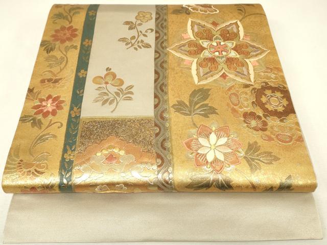 平和屋着物▼太鼓柄袋帯　刺繍　更紗花鳥文　金彩　正絹　逸品　DABJ1812az
