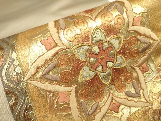 平和屋着物▼太鼓柄袋帯　刺繍　更紗花鳥文　金彩　正絹　逸品　DABJ1812az