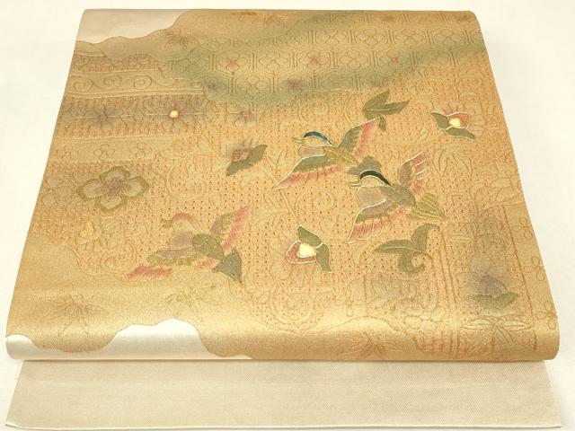 平和屋着物▼中国三大刺繍　スワトウ刺繍　汕頭刺繍　駒刺繍　太鼓柄袋帯　螺鈿　鴛鴦更紗花文　金糸　正絹　逸品　DABJ1822az