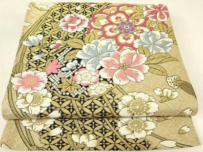 平和屋着物▼六通柄袋帯　正倉院花文　金糸　正絹　逸品　DABJ1825az