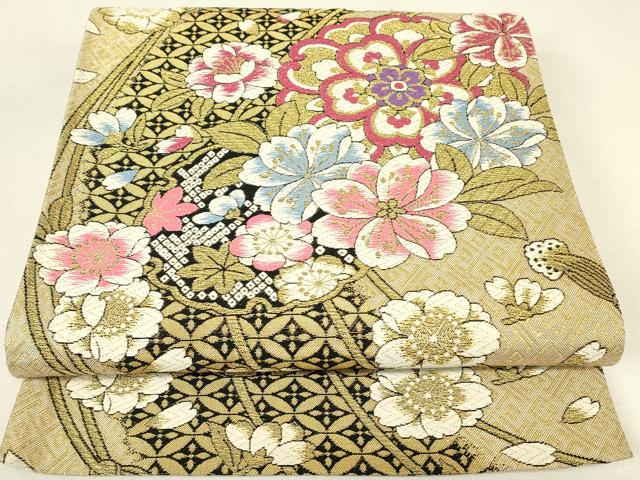 平和屋着物▼六通柄袋帯　正倉院花文　金糸　正絹　逸品　DABJ1825az
