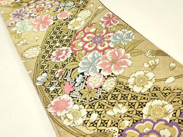 平和屋着物▼六通柄袋帯　正倉院花文　金糸　正絹　逸品　DABJ1825az