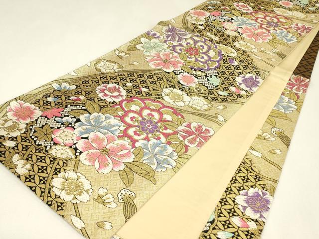 平和屋着物▼六通柄袋帯　正倉院花文　金糸　正絹　逸品　DABJ1825az