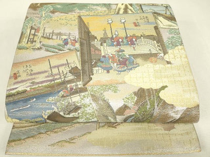 平和屋着物▼全通柄袋帯　東海道　金糸　正絹　逸品　DABJ1882az