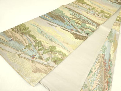 平和屋着物▼全通柄袋帯　東海道　金糸　正絹　逸品　DABJ1882az