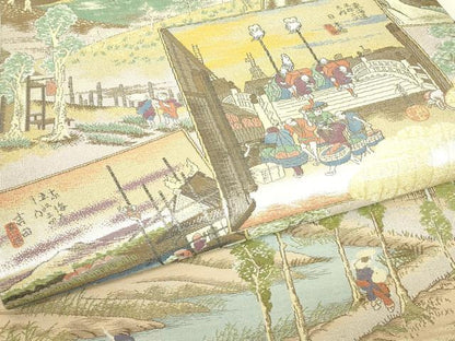 平和屋着物▼全通柄袋帯　東海道　金糸　正絹　逸品　DABJ1882az