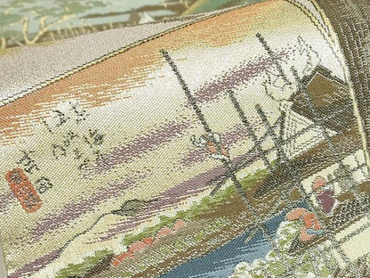 平和屋着物▼全通柄袋帯　東海道　金糸　正絹　逸品　DABJ1882az