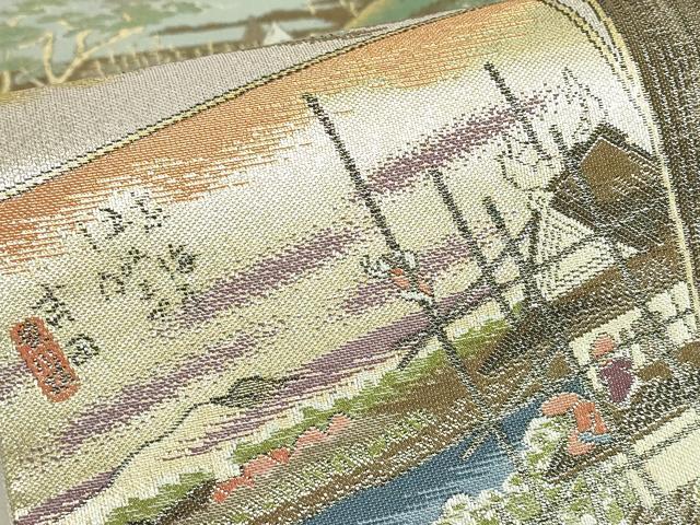 平和屋着物▼全通柄袋帯　東海道　金糸　正絹　逸品　DABJ1882az