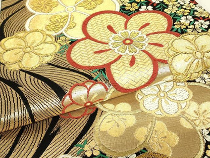 平和屋着物▼六通柄袋帯　江戸ごよみ　流水舞桜　黒地　金糸　正絹　逸品　DABJ1883az