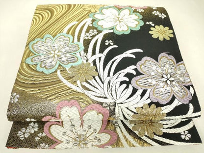 平和屋着物▼六通柄袋帯　乱菊舞桜文　黒地　金銀糸　正絹　逸品　DABJ1886az