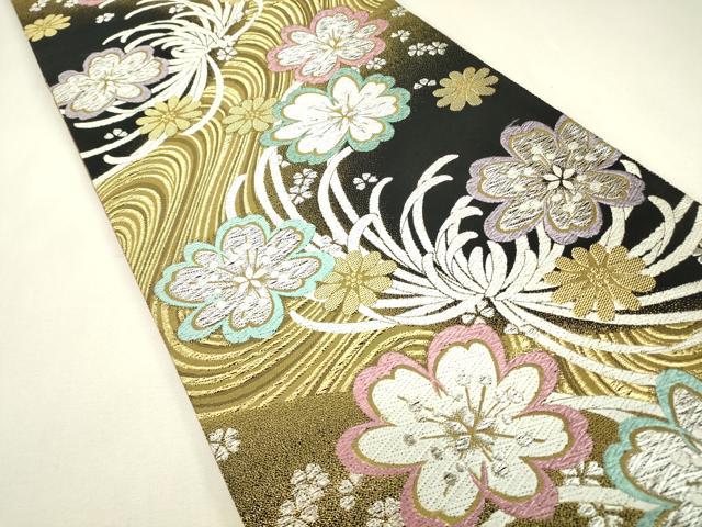平和屋着物▼六通柄袋帯　乱菊舞桜文　黒地　金銀糸　正絹　逸品　DABJ1886az