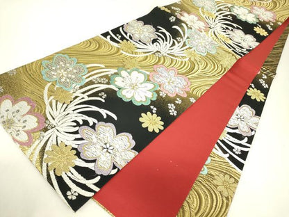 平和屋着物▼六通柄袋帯　乱菊舞桜文　黒地　金銀糸　正絹　逸品　DABJ1886az