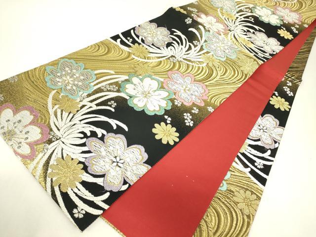 平和屋着物▼六通柄袋帯　乱菊舞桜文　黒地　金銀糸　正絹　逸品　DABJ1886az