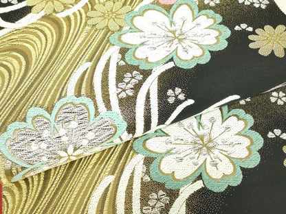 平和屋着物▼六通柄袋帯　乱菊舞桜文　黒地　金銀糸　正絹　逸品　DABJ1886az