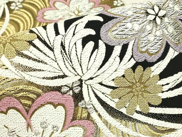 平和屋着物▼六通柄袋帯　乱菊舞桜文　黒地　金銀糸　正絹　逸品　DABJ1886az
