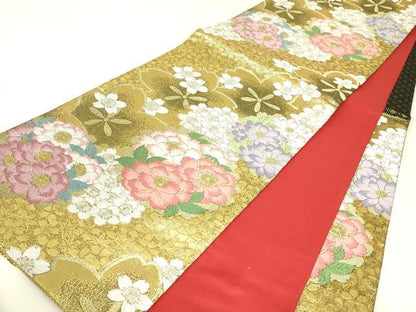 平和屋着物▼六通柄袋帯　唐織　花尽くし　金糸　正絹　逸品　DABJ1888az