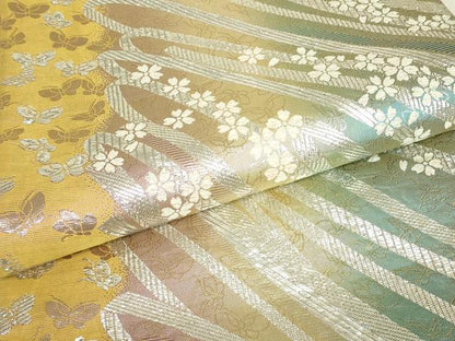 平和屋着物▼六通柄袋帯　舞蝶花文　銀糸　正絹　逸品　DABJ1892az