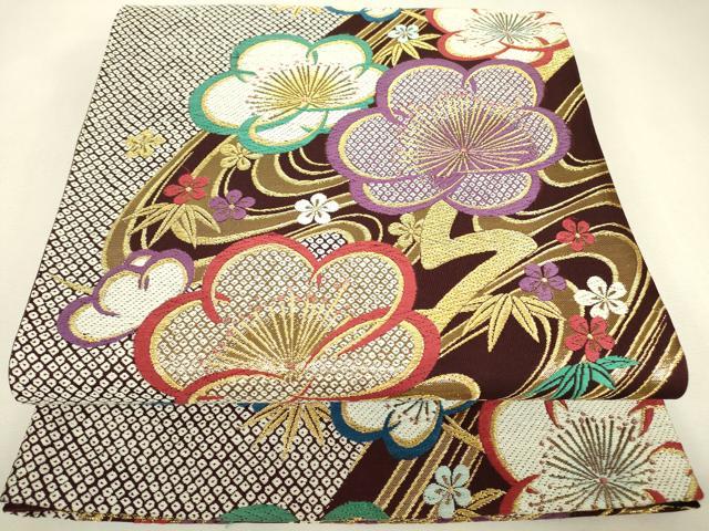 平和屋着物▼両面　六通柄袋帯　唐織　流水花文　金糸　正絹　逸品　DABJ1894az