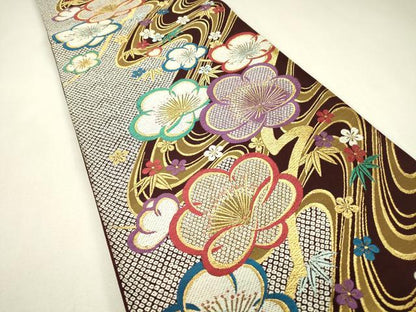 平和屋着物▼両面　六通柄袋帯　唐織　流水花文　金糸　正絹　逸品　DABJ1894az