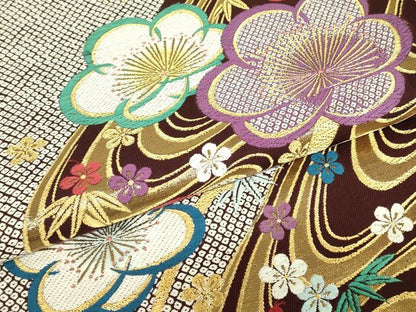 平和屋着物▼両面　六通柄袋帯　唐織　流水花文　金糸　正絹　逸品　DABJ1894az