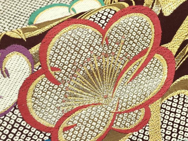 平和屋着物▼両面　六通柄袋帯　唐織　流水花文　金糸　正絹　逸品　DABJ1894az