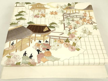 平和屋着物▼総刺繍　太鼓柄袋帯　人物風景花文　金糸　正絹　逸品　DABJ1896az