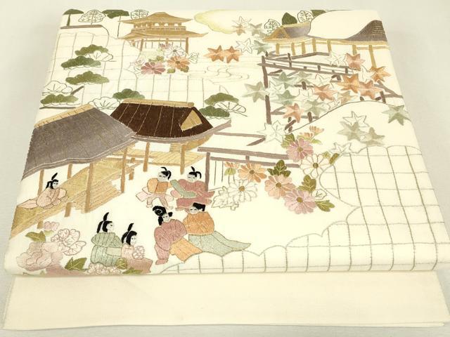 平和屋着物▼総刺繍　太鼓柄袋帯　人物風景花文　金糸　正絹　逸品　DABJ1896az