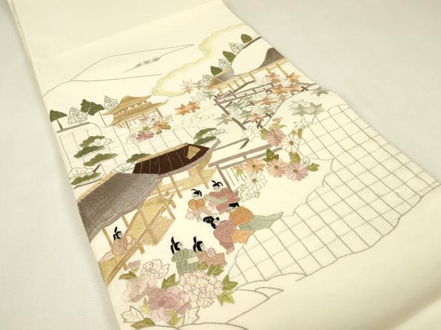 平和屋着物▼総刺繍　太鼓柄袋帯　人物風景花文　金糸　正絹　逸品　DABJ1896az