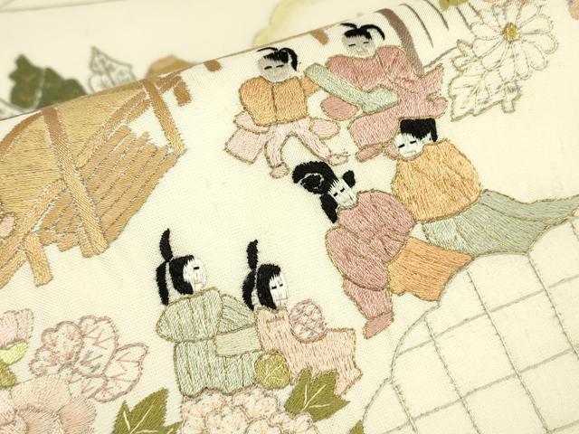 平和屋着物▼総刺繍　太鼓柄袋帯　人物風景花文　金糸　正絹　逸品　DABJ1896az