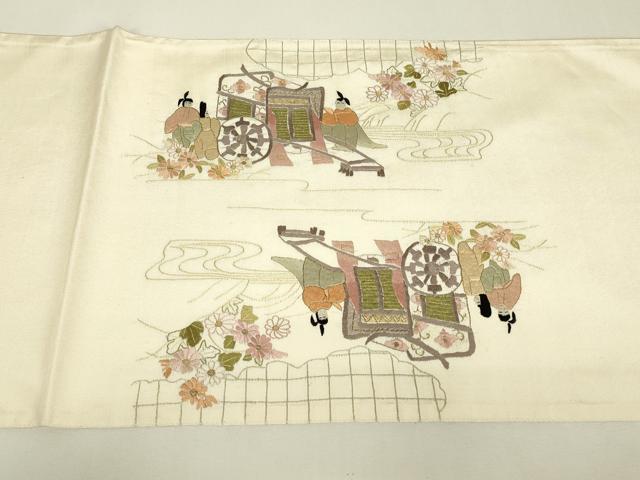 平和屋着物▼総刺繍　太鼓柄袋帯　人物風景花文　金糸　正絹　逸品　DABJ1896az