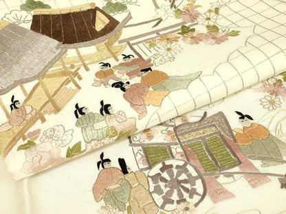 平和屋着物▼総刺繍　太鼓柄袋帯　人物風景花文　金糸　正絹　逸品　DABJ1896az