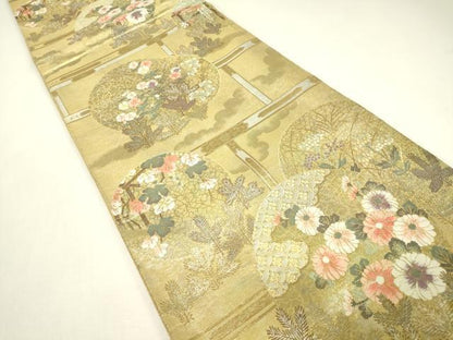 平和屋着物▼六通柄袋帯　七宝花丸文　金糸　正絹　逸品　DABJ1902az