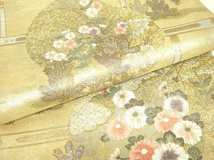 平和屋着物▼六通柄袋帯　七宝花丸文　金糸　正絹　逸品　DABJ1902az