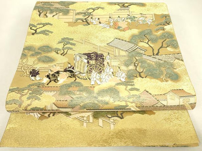 平和屋着物▼六通柄袋帯　上品錦　雲取り人物風景文　金糸　正絹　逸品　DABJ1905az