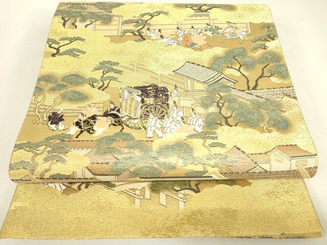 平和屋着物▼六通柄袋帯　上品錦　雲取り人物風景文　金糸　正絹　逸品　DABJ1905az