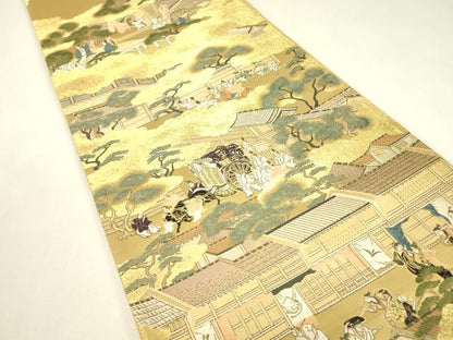 平和屋着物▼六通柄袋帯　上品錦　雲取り人物風景文　金糸　正絹　逸品　DABJ1905az
