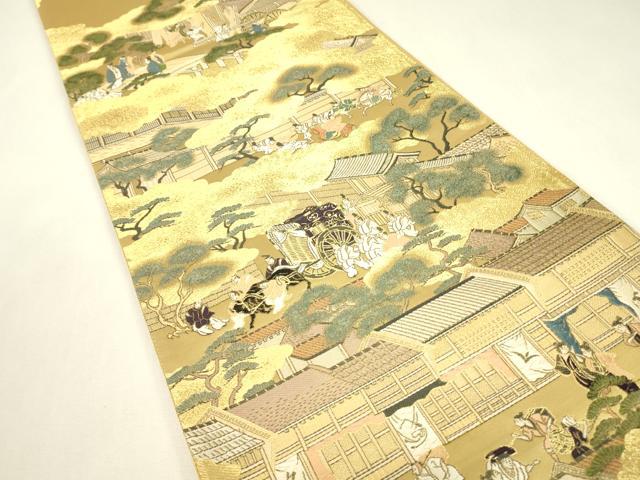 平和屋着物▼六通柄袋帯　上品錦　雲取り人物風景文　金糸　正絹　逸品　DABJ1905az