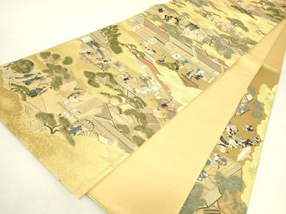 平和屋着物▼六通柄袋帯　上品錦　雲取り人物風景文　金糸　正絹　逸品　DABJ1905az