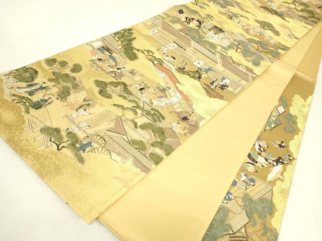 平和屋着物▼六通柄袋帯　上品錦　雲取り人物風景文　金糸　正絹　逸品　DABJ1905az