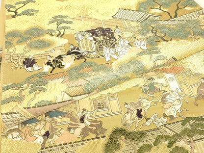 平和屋着物▼六通柄袋帯　上品錦　雲取り人物風景文　金糸　正絹　逸品　DABJ1905az