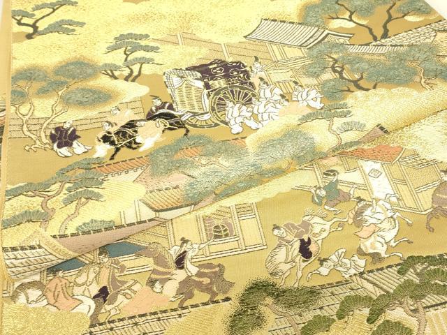 平和屋着物▼六通柄袋帯　上品錦　雲取り人物風景文　金糸　正絹　逸品　DABJ1905az