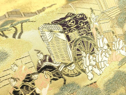 平和屋着物▼六通柄袋帯　上品錦　雲取り人物風景文　金糸　正絹　逸品　DABJ1905az
