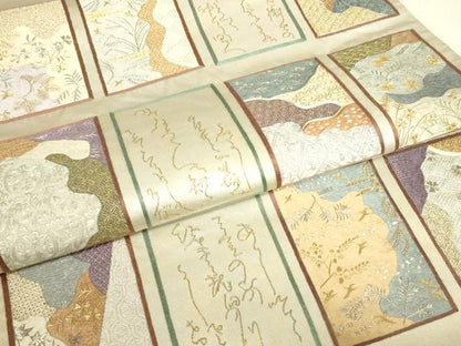 平和屋着物▼総刺繍　つけ帯　かるた　詩歌　金糸　正絹　逸品　DABJ1907az