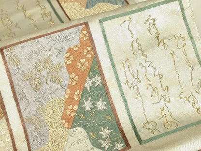 平和屋着物▼総刺繍　つけ帯　かるた　詩歌　金糸　正絹　逸品　DABJ1907az