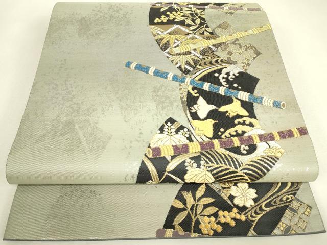 平和屋着物▼六通柄袋帯　地紙南天千鳥文　金糸　引箔　正絹　逸品　DABJ1913az
