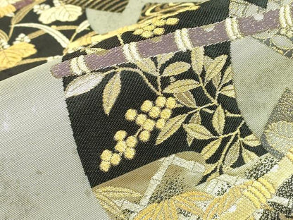 平和屋着物▼六通柄袋帯　地紙南天千鳥文　金糸　引箔　正絹　逸品　DABJ1913az