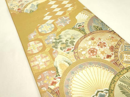 平和屋着物▼六通柄袋帯　吉祥花青海波　金糸　正絹　逸品　DABJ1915az
