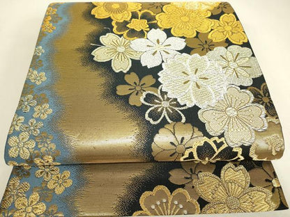 平和屋着物▼六通柄袋帯　花尽くし　黒地　金銀糸　正絹　逸品　DABJ1918az