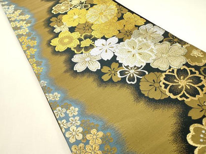 平和屋着物▼六通柄袋帯　花尽くし　黒地　金銀糸　正絹　逸品　DABJ1918az